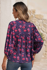 LDC Purple Floral Half Sleeve Split Neck Blouse Top