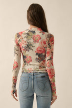 Load image into Gallery viewer, Floral-Print Mesh Mock-Neck Thumbhole Top