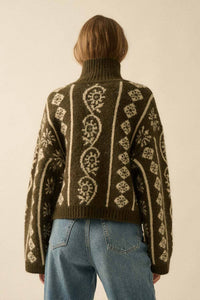 Flora Jacquard Fuzzy Mock-Neck Sweater