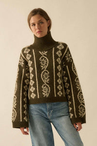 Flora Jacquard Fuzzy Mock-Neck Sweater
