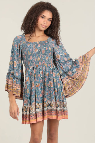 BELL FLARE SLEEVES SMOCKED BODICE DRESS
