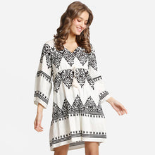 Load image into Gallery viewer, Boho Pattern Print Drawstring Mini Dress