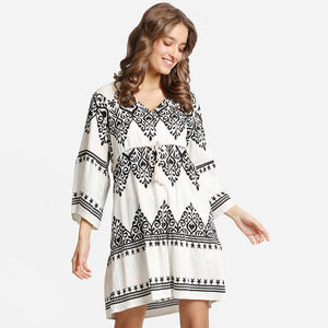 Boho Pattern Print Drawstring Mini Dress