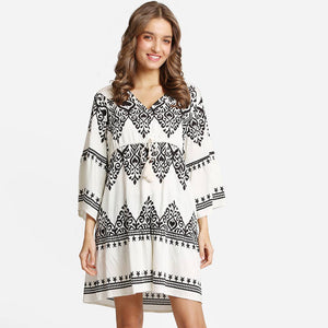 Boho Pattern Print Drawstring Mini Dress