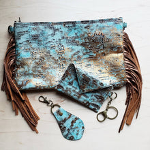 Load image into Gallery viewer, Embossed Leather Key Chain - Turquoise Metallic