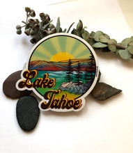 Load image into Gallery viewer, Lake Tahoe sticker, Lake Retro Sunset, Round Rainbow harbor