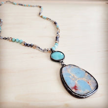 Load image into Gallery viewer, Amazonite &amp; Crystal Long Beaded Necklace w/ Large Jasper Pendant