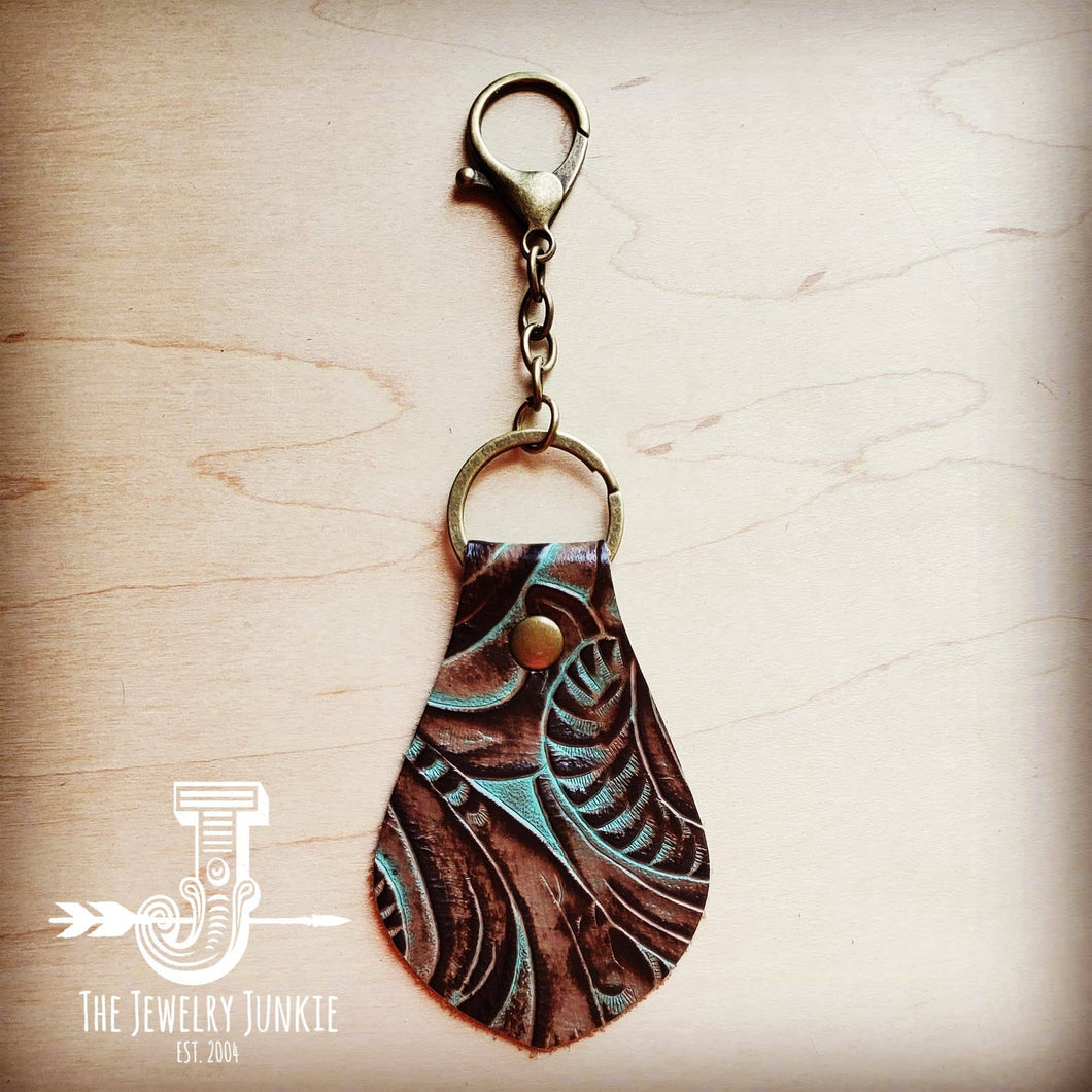 Turquoise Brown Floral Embossed Leather Keychain, Boho Style