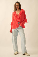 Load image into Gallery viewer, Sheer Chiffon Tie-Front Ruffled Poet Blouse