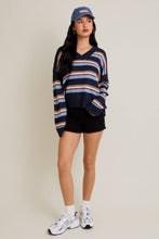 Load image into Gallery viewer, KITTY V-NECK FUZZY STRIPED LONG SLEEVE OVERSIZED SWEATER