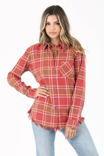 RED PLAID FLANNEL SHIRT WITH FRAYED HEM
