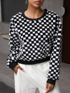 Checkered Plush Pullover Sweatshirt