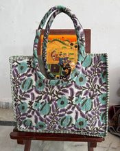 Load image into Gallery viewer, Boho Quilted Cotton Tote Bag Teal Grey