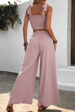 Load image into Gallery viewer, Tie Shoulder Smocked Crop Top and Wide Leg Pants Set